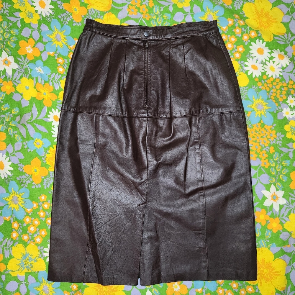 Vintage 80s Fiori Genuine Dark Brown Leather Pencil Skirt